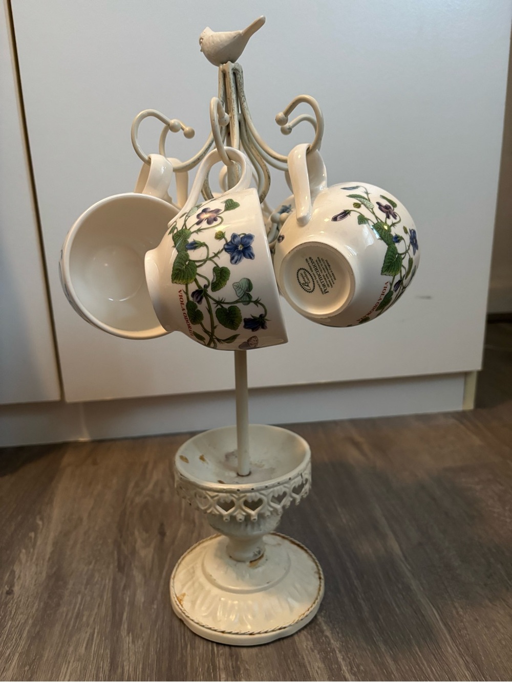 Portmeirion White Ceramic Cups with Blue and Green Floral Pattern on Stand